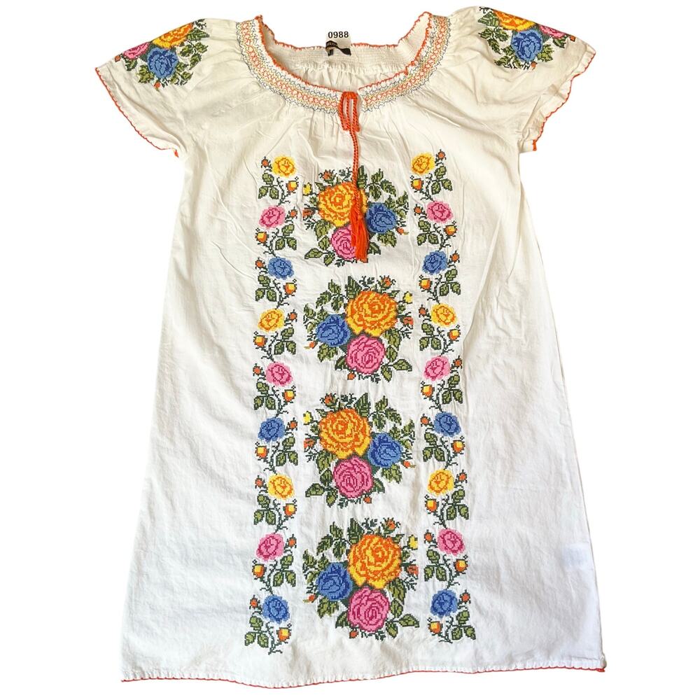 Durga Women Dress size M White See Through Floral Embroidery KneeLength Summer